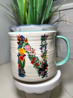 Anthropologie Nathalie Lete Floral Letter "N" Monogram Mug Donkey & Cheetah